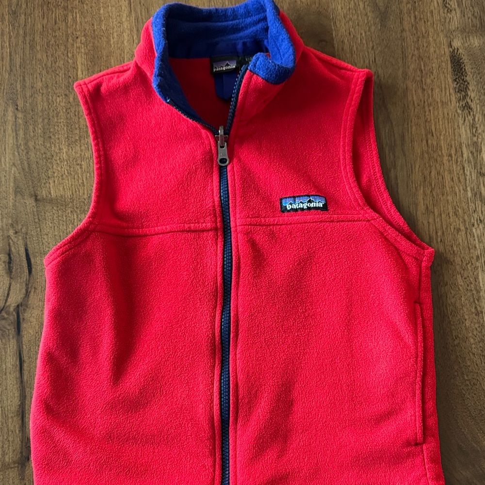 Kids Patagonia Red Fleece Vest with Blue Accents